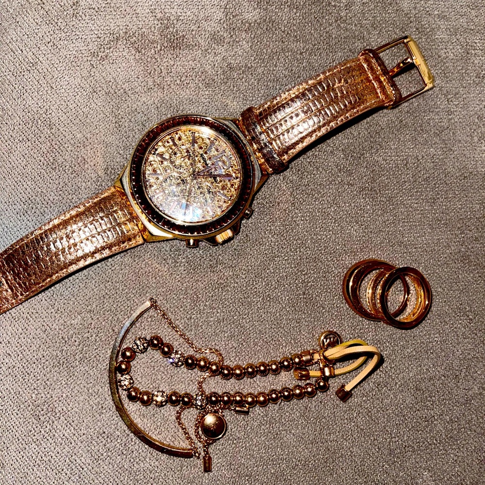 Rose Gold MK watch bracelet ring set